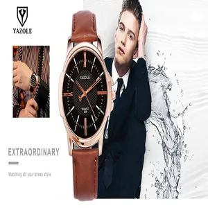 Reloj de cuarzo Yazole para hombre con correa de cuero marrón y caja de oro rosa