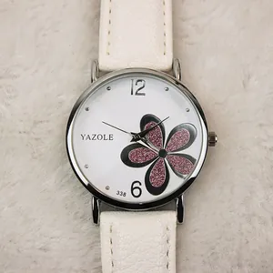 Elegante orologio al quarzo YAZOLE da donna con cinturino in pelle bianca e quadrante floreale