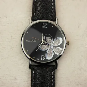 Elegante orologio al quarzo da donna con cinturino in pelle nera e quadrante floreale