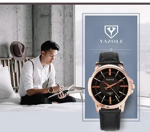 Reloj de cuarzo Yazole para hombre con correa de cuero negro y caja de oro rosa