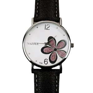 Elegante orologio al quarzo da donna con cinturino in pelle nera e raffinato quadrante floreale