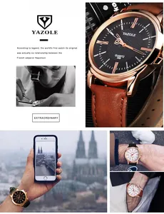 Reloj de cuarzo profesional Yazole para hombre con correa de cuero marrón y caja de oro rosa