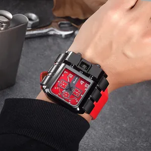 Dettaglio dell'orologio militare Oulm quadrato con quadrante rosso e cinturino in pelle
