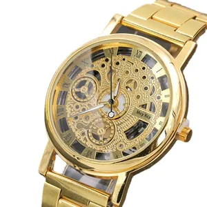 Modische goldene Herren-Skelett-Quarzuhr mit Gliederarmband und römischen Zifferblatt