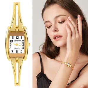 Vintage Women's Bangle Bracelet Watch Gold Silver Plated Alloy Tonneau Case Small Quartz Wristwatch Fashion Jewelry Gift