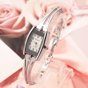 Elegant silver minimalist ladies bracelet watch with rectangular dial and quartz movement