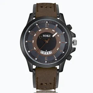 Detail showing SOKI men's quartz watch with brown leather strap and date display