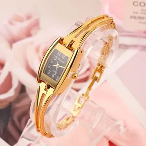 Elegant golden quartz bracelet watch with rectangular black dial and slim hollowed band