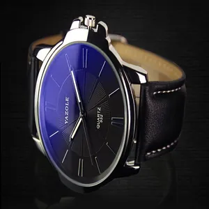 Elegante orologio al quarzo Yazole con quadrante blu e cinturino in pregiata pelle nera