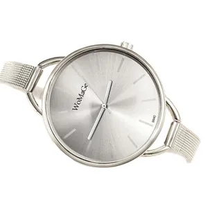 Orologio al quarzo da donna moderno con ampio quadrante argento e cinturino a maglia