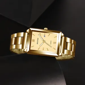 Orologio al quarzo da uomo elegante in oro con quadrante rettangolare e cinturino in acciaio