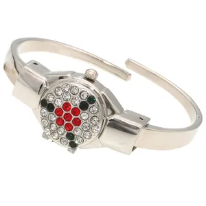 Elegant silver ladies bangle watch featuring a vibrant rhinestone flower flip cover design