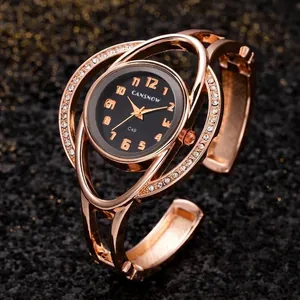 Elegante orologio a bracciale donna in oro rosa con strass e quadrante nero