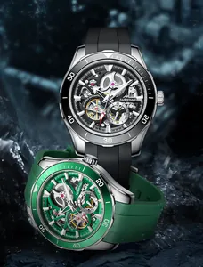 Men's skeleton mechanical diving watch set with green and black silicone straps by Fairwhale