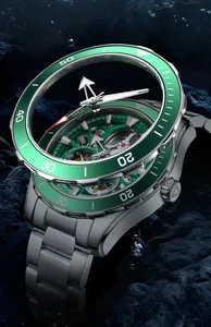 Exploded view of a green skeleton mechanical diver watch with automatic movement.