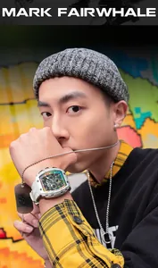 Lifestyle view of an Asian model wearing a Mark Fairwhale quartz watch with graffiti background