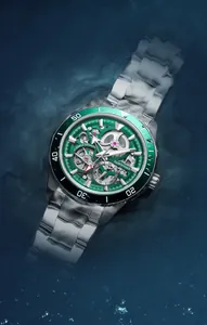 Close-up of Mark Fairwhale skeleton automatic watch in green water depth