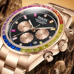 Men's Automatic Mechanical Watch Rainbow Bezel Stainless Steel Alloy Rhinestone Inlaid Waterproof Luminous Luxury Sporty Wristwatch
