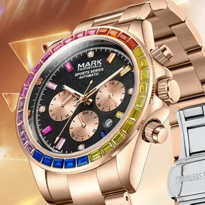 Mark Fairwhale rose gold automatic watch with rainbow gemstone bezel and black dial