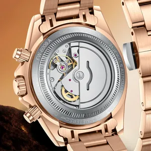 Rose gold automatic mechanical watch back view with 21-jewel movement detail.