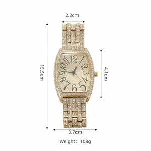 Detailed dimensions and weight of iced-out gold tonneau watch with Arabic numerals