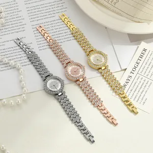 Three colors of elegant women's fashion watches with full diamond crystal paved bands