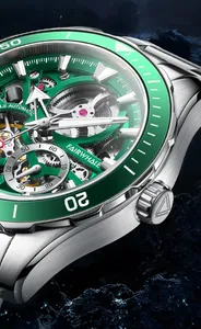 Close-up detail of green bezel and skeleton dial of Fairwhale mechanical watch
