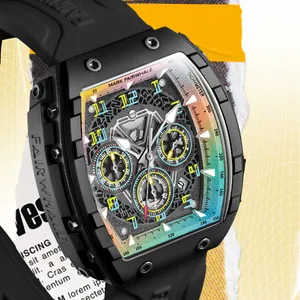 Mark Fairwhale Men Multifunctional Quartz Watch Fashion Tonneau Plastic Case Rubber Strap Luminous Waterproof Sport Wristwatch