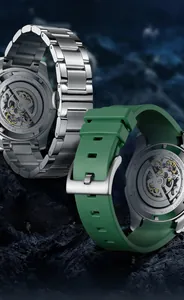 Detailed view of Mark Fairwhale automatic mechanical watch movement with sapphire crystal back