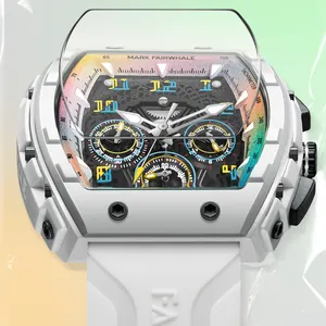 Mark Fairwhale men's quartz watch with white strap and multifunctional skeleton dial