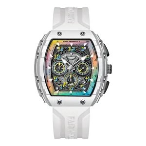 Mark Fairwhale white tonneau quartz watch featuring a rainbow gradient dial and sub-dials