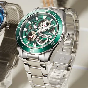 Mark Fairwhale Men Skeleton Automatic Mechanical Watch Green Submariner Style Waterproof Luminous Stainless Steel Diver Sport Watch