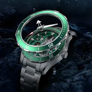 Mark Fairwhale men's skeleton mechanical green dive watch with stainless steel band