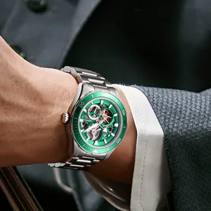 Mark Fairwhale men's mechanical diving watch with green bezel and hollow dial skeleton design