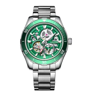 Mark Fairwhale men's skeleton mechanical watch with green diving bezel and steel band