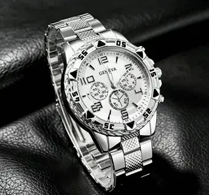 Detailed close-up view of Geneva men's business quartz watch with silver steel band.