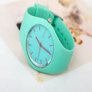 Close-up view of a mint green ultra-thin Geneva silicone watch for kids and students.