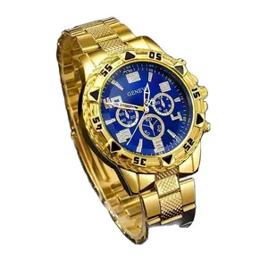 Men's luxury gold stainless steel business quartz watch with a multi-functional blue dial
