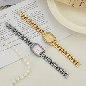 Elegant square quartz watches for women with crystal bezels and metal link bands