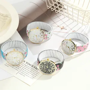 Women Creative Rose Print Quartz Watch Large Number Gold Case Elastic Steel Strap Floral Casual Fashion Wristwatch for Ladies