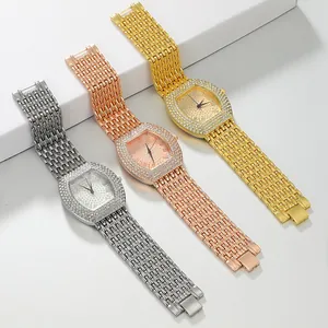 Fashionable tonneau quartz watches in silver, rose gold, and gold with crystal embellishments.