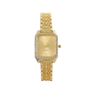 Elegant gold-tone square quartz watch with rhinestone bezel and link bracelet for women