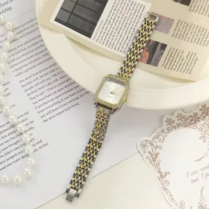 Elegant women's square quartz watch with silver gold stainless steel band and crystal bezel