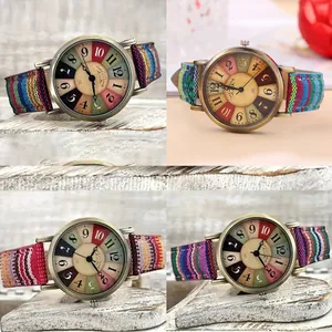 Bohemian vintage hippie ρολόι με πολύχρωμα υφασμάτινα λουράκια και καλλιτεχνικά καντράν