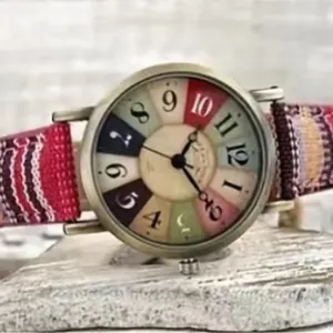 Vintage bohemian hippie ρολόι με πολύχρωμο καντράν και έθνικ υφασμάτινο λουράκι