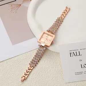 Elegant rose gold square watch with rhinestone chain bracelet for stylish women.