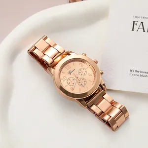 Elegant rose gold ladies quartz watch featuring a decorative faux chronograph dial display