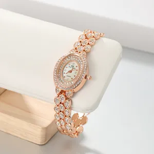 Women Luxury Fashion Quartz Watch Oval Rhinestone Inlaid Alloy Steel Band Elegant Bracelet Wristwatch For Ladies Party Jewelry Gift