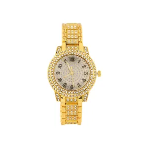 Montre à quartz dorée pour femme avec lunette ornée de strass et bracelet acier