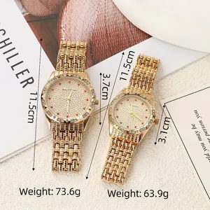 Detailed size and weight measurements of the gold-toned couple quartz watches with red gems.